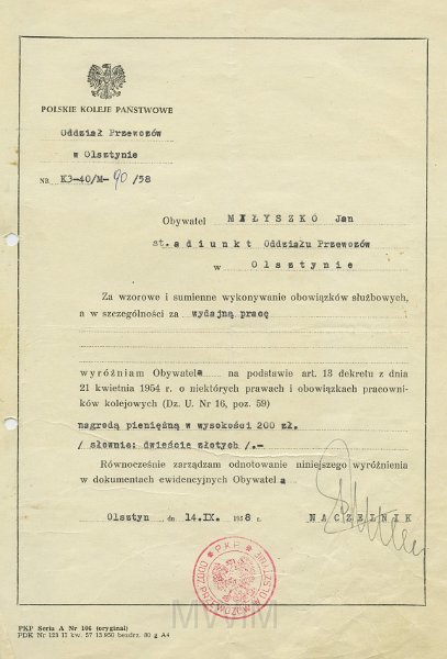 KKE 5627.jpg - Dok. Premia finansowa za wydajną pracę wystawiona przez Polskie Koleje Państwowe w Olsztynie dla Jana Małyszko, Olsztyn, 14 IX 1958 r.